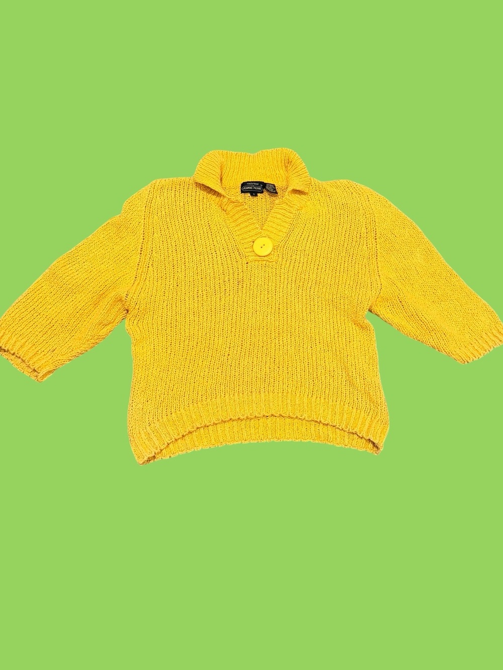 Vintage 90s Jeanne Pierre Yellow Knit Cropped Sweater Renee Tener Cotton Ramie